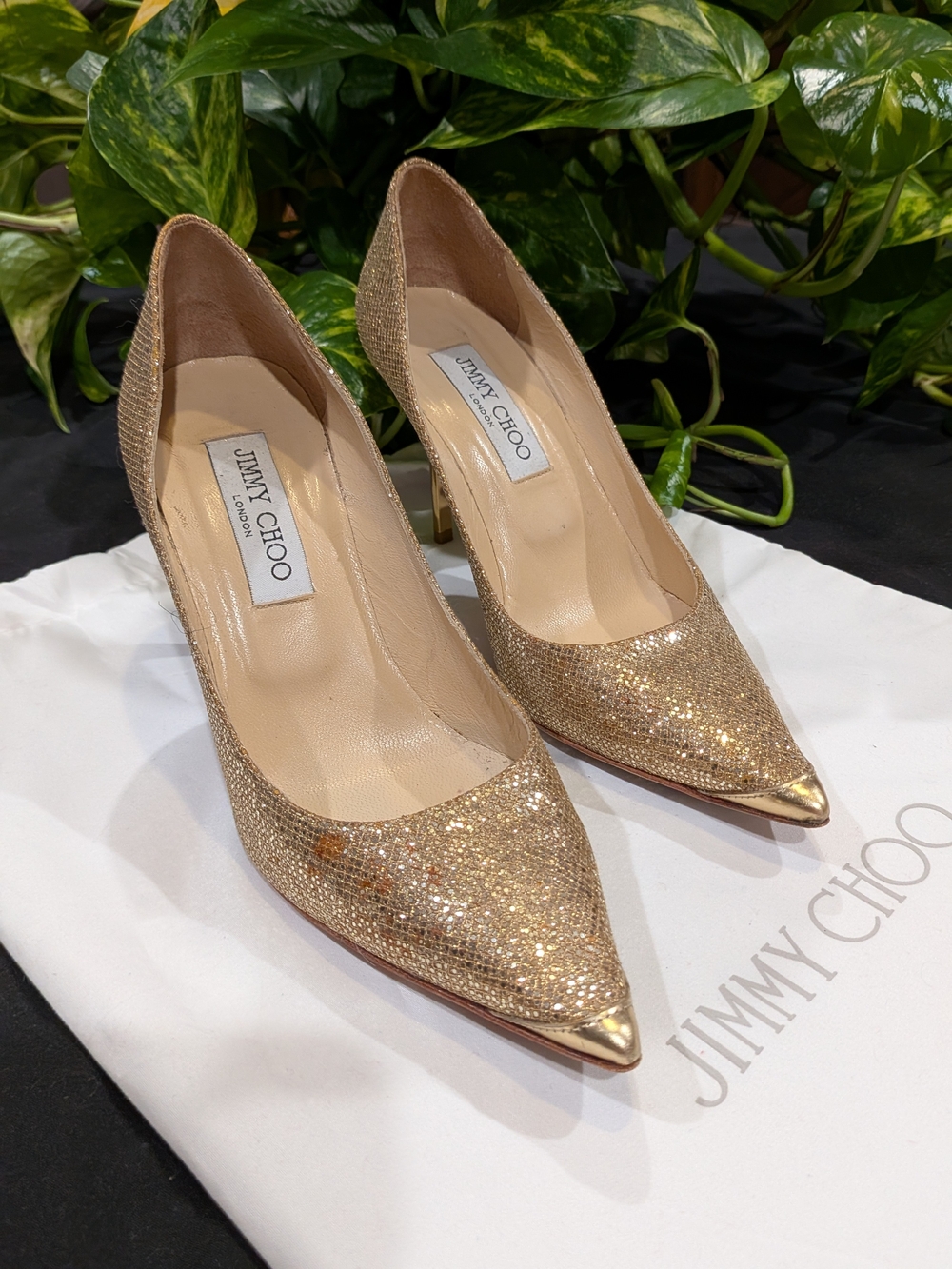 Jimmy Choo Gold Glitter Pointed-Toe Pumps